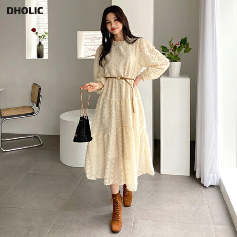 レースネックテクスチャーワンピース・全2色・b62402 レディース 【ops】【韓国 ファッション ワンピース ロング ロングワンピス レースネック テクスチャー レース 上品 ボタン フレアワンピース ウエストゴム カジュアル 秋 冬】