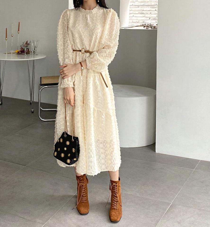 レースネックテクスチャーワンピース・全2色・b62402 レディース 【ops】【韓国 ファッション ワンピース ロング ロングワンピス レースネック テクスチャー レース 上品 ボタン フレアワンピース ウエストゴム カジュアル 秋 冬】