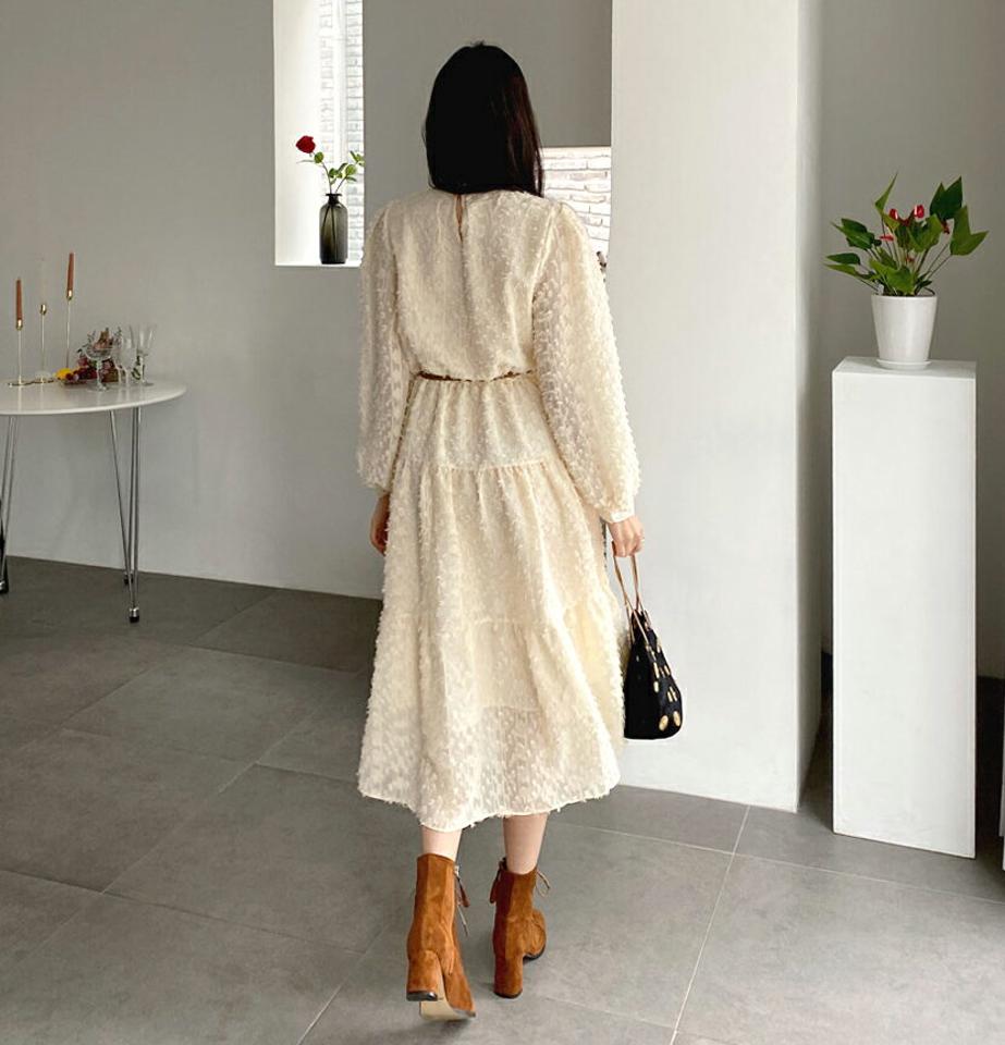 レースネックテクスチャーワンピース・全2色・b62402 レディース 【ops】【韓国 ファッション ワンピース ロング ロングワンピス レースネック テクスチャー レース 上品 ボタン フレアワンピース ウエストゴム カジュアル 秋 冬】