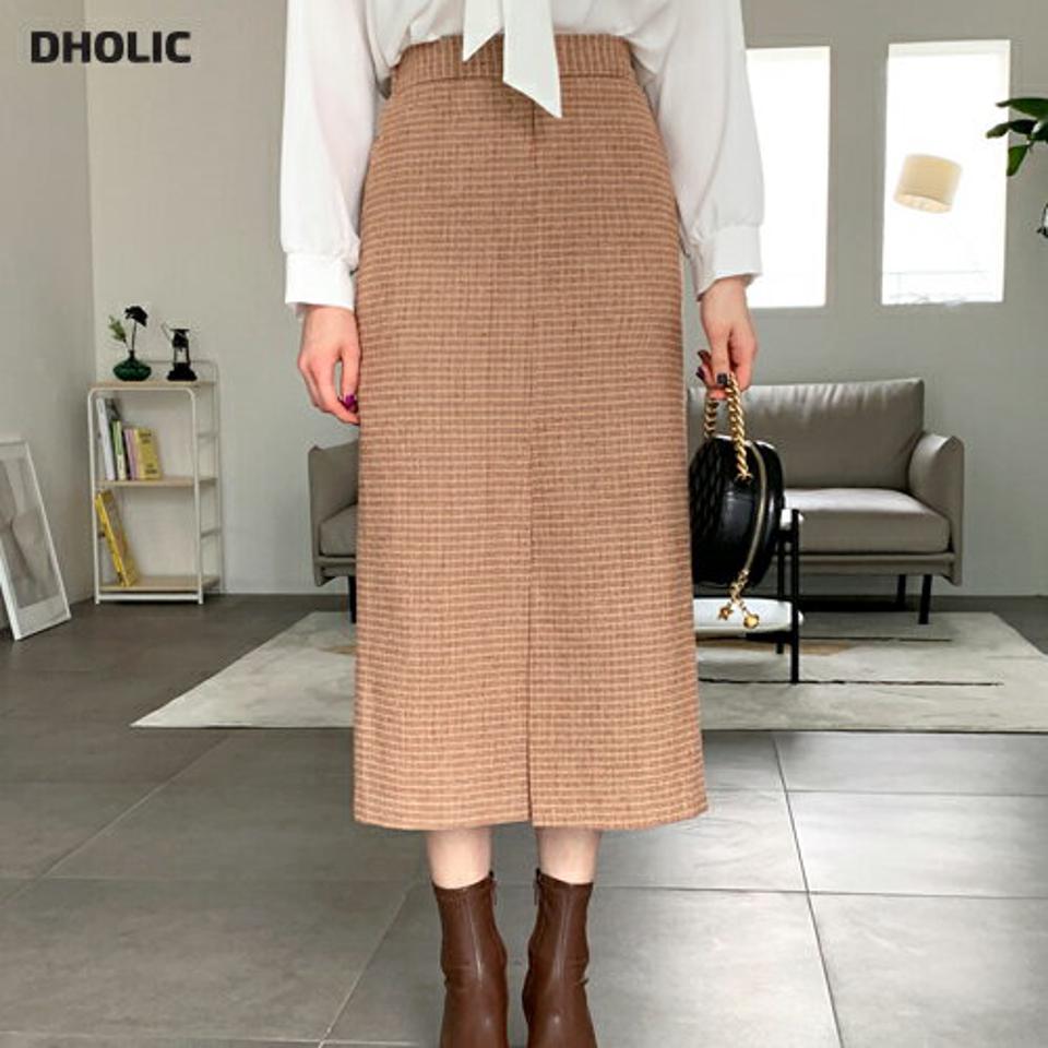 チェックロングスカート・全3色・t62410 レディース 【sk】【韓国 ファッション ボトムス スカート ロング ロングスカート チェック パターン ウエストゴム スリット サイドファスナー 体型カバー スリム 上品 デイリー カジュアル 秋 冬】