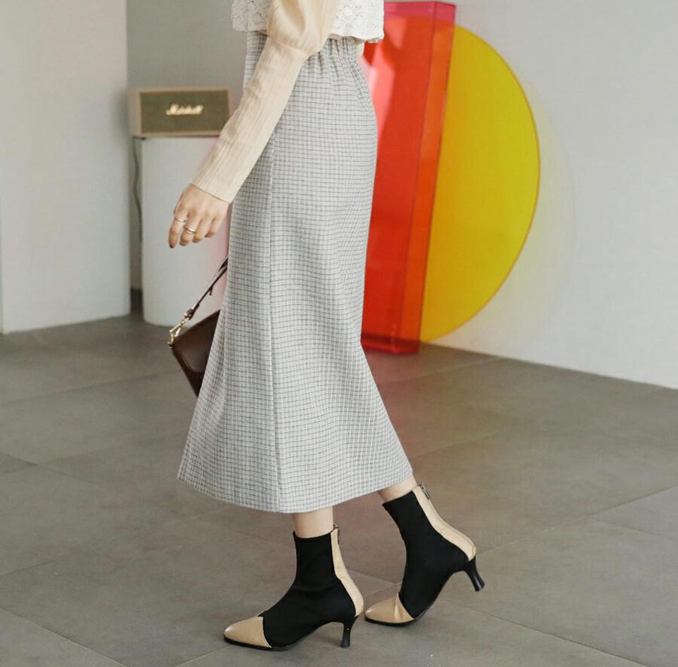チェックロングスカート・全3色・t62410 レディース 【sk】【韓国 ファッション ボトムス スカート ロング ロングスカート チェック パターン ウエストゴム スリット サイドファスナー 体型カバー スリム 上品 デイリー カジュアル 秋 冬】