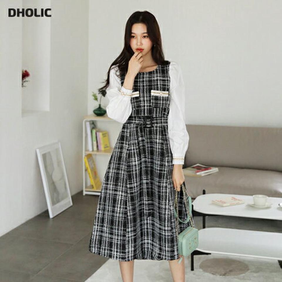 ベルト付ツイードワンピース・全1色・e62393 レディース 【ops】【韓国 ファッション ワンピース ロング ロングワンピス 長袖 ベルト ツイードワンピース バックファスナー ラウンドネック 異素材 フェイクポケット パールボタン カジュアル 秋 冬】