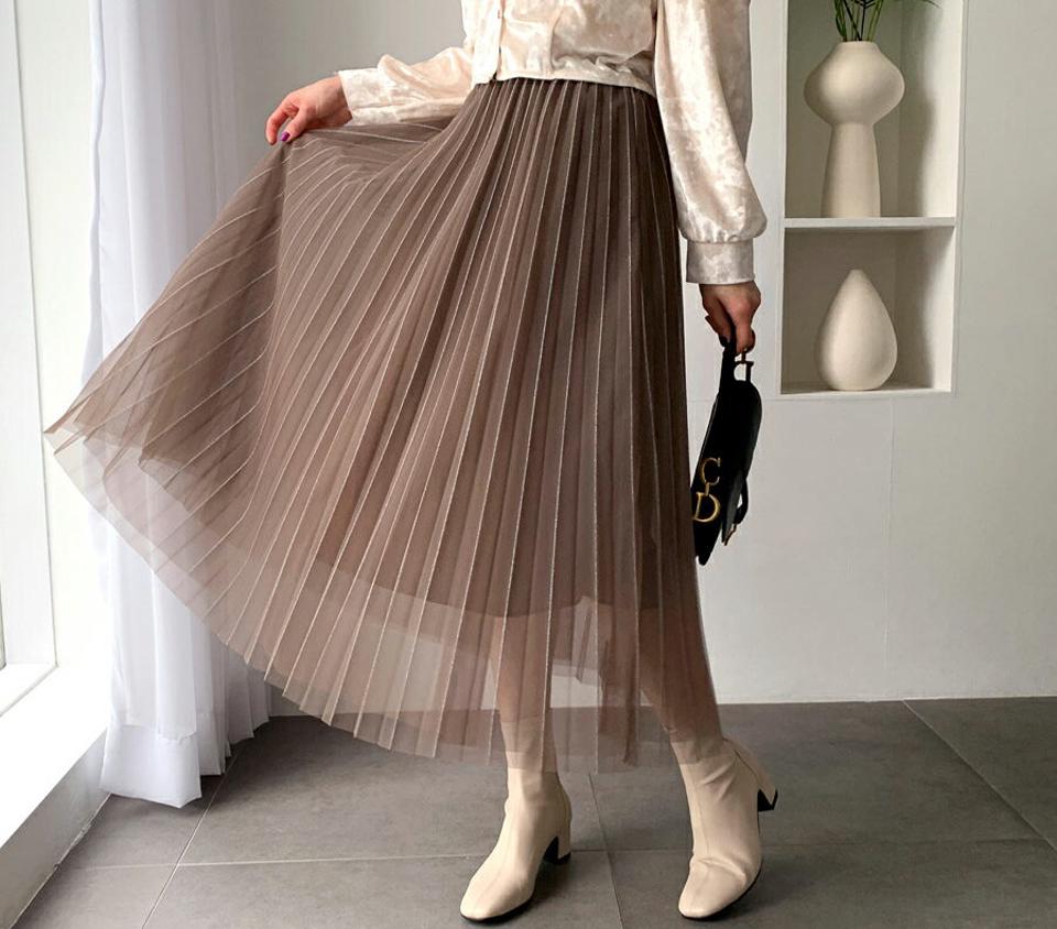 グリッターチュールプリーツスカート・全3色・b62417 レディース 【sk】【韓国 ファッション ボトムス スカート サテン 上品 ゴムスカート 揺れ感 ロング グリッター チュール プリーツスカート プリーツ ウエストゴム カジュアル 秋 冬】