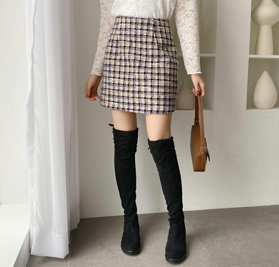 ツイードチェックミニスカート・全2色・t62408 レディース 【sk】【韓国 ファッション ボトムス スカート ミニ ミニスカートフリル ツイード チェック サイドファスナー ショート ユニーク デイリー カジュアル 秋 冬】