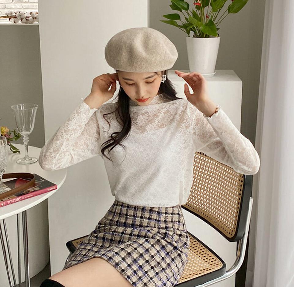 レースハーフネックTシャツ・全4色・b62378 レディース 【tops】【韓国 ファッション トップス Tシャツ 長袖 レース ハーフネック ハイネック レースネック フラワー パターン シアーレース レイヤード 細身 デイリー ベーシック 上品 カジュアル 秋 冬】