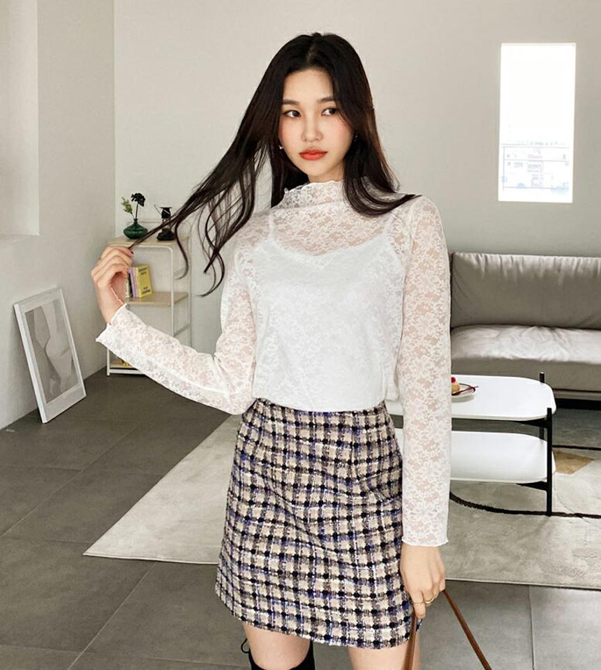 レースハーフネックTシャツ・全4色・b62378 レディース 【tops】【韓国 ファッション トップス Tシャツ 長袖 レース ハーフネック ハイネック レースネック フラワー パターン シアーレース レイヤード 細身 デイリー ベーシック 上品 カジュアル 秋 冬】