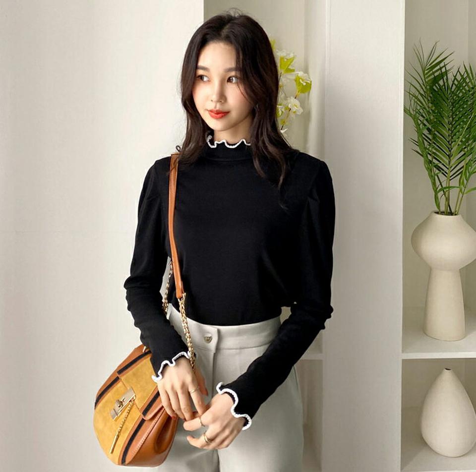 裏起毛ウェーブ配色Tシャツ・全3色・b62398 レディース 【tops】【韓国 ファッション トップス Tシャツ 長袖 裏起毛 ウェーブ 配色 ハイネック 細身 スリム ユニーク デイリー ベーシック 上品 ボリューム カジュアル 秋 冬】