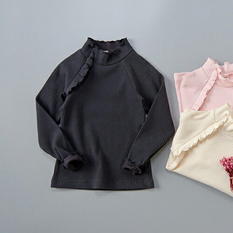 ポイントフリルリブTシャツ・u10887 キッズ【3~8才】【tops】【トップス Tシャツ 長袖 フリル 単色 無地 可愛い かわいい ガーリー 女の子 秋 冬 韓国 韓国子供服 子供 こども 子供服 こども服】【KIDS】