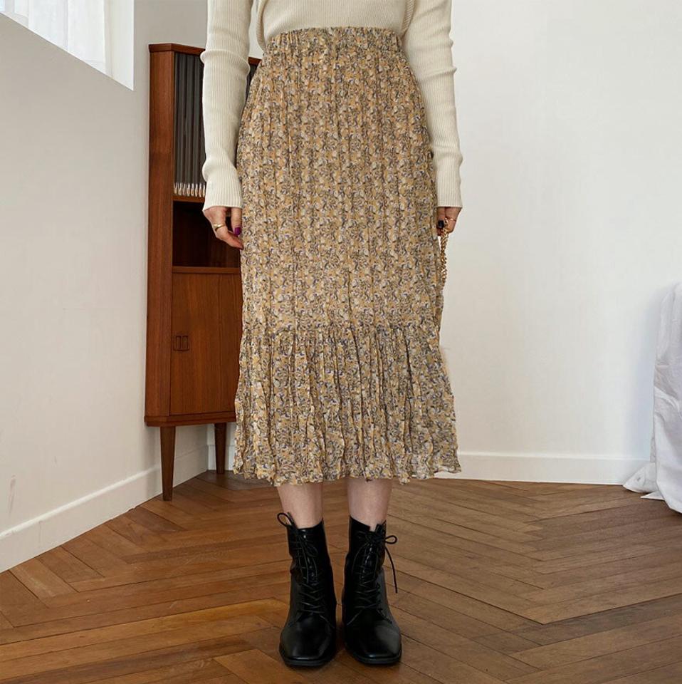 リンクル花柄スカート・全4色・t64782 レディース 【sk】【韓国 ファッション ボトムス スカート ロング ロングスカート リンクル 花柄 フローラル パターン ウエストゴム フェミニン デイリー カジュアル 秋 冬】