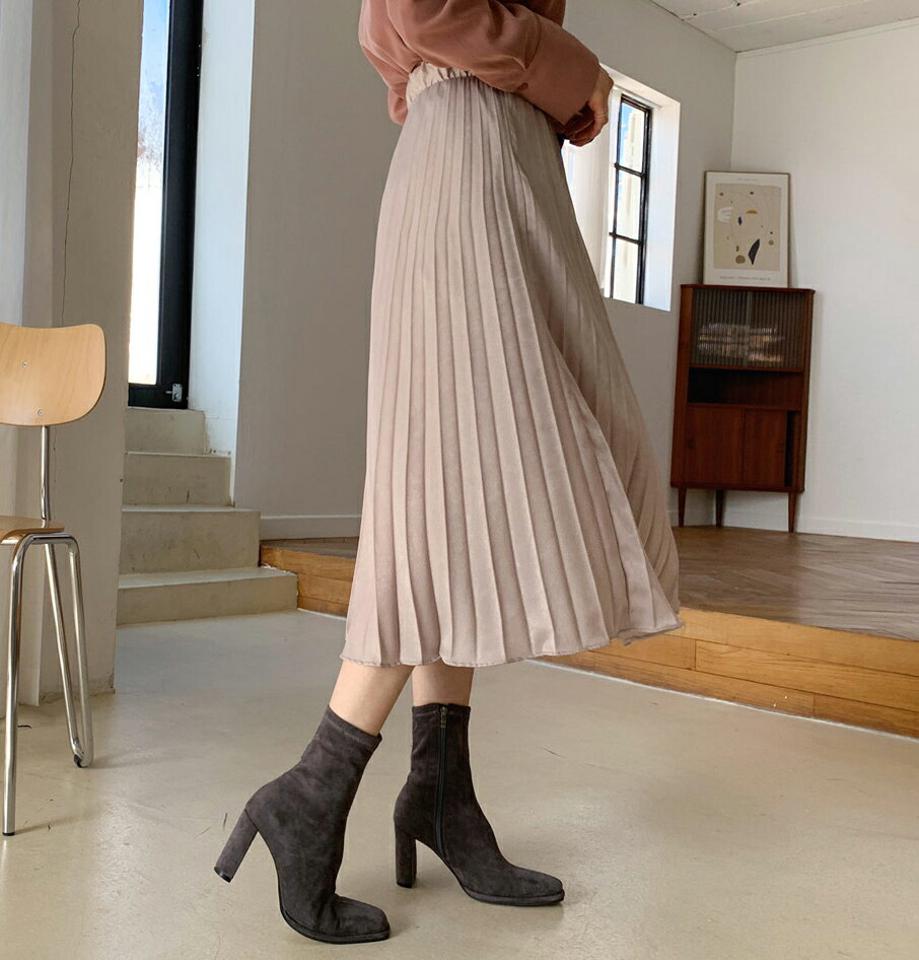 サテンプリーツスカート・全4色・b64784 レディース 【sk】【韓国 ファッション ボトムス スカート ロング ロングスカート サテン プリーツ プリーツスカート ウエストゴム フェミニン デイリー 無地 カジュアル 秋 冬】