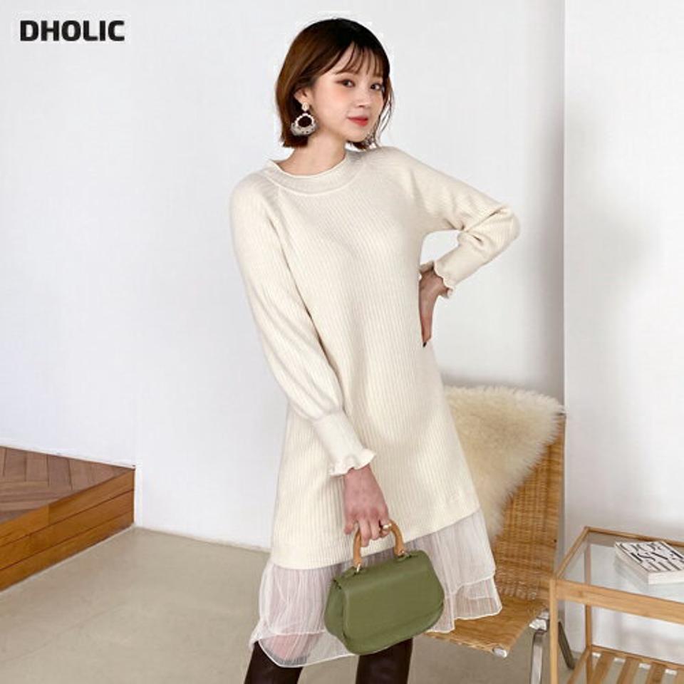 チュールヘムニットワンピース・全3色・e64766 レディース 【ops】【韓国 ファッション ワンピース ロング ロングワンピス 長袖 チュール ニットワンピース ニット プリーツ チュール ミディ丈 リブ ラウンドネック ハイネック 体型カーバー 秋 冬】