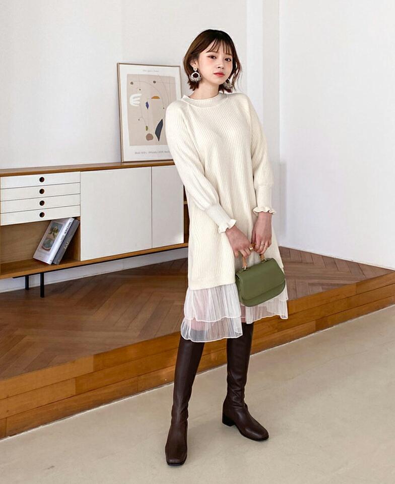 チュールヘムニットワンピース・全3色・e64766 レディース 【ops】【韓国 ファッション ワンピース ロング ロングワンピス 長袖 チュール ニットワンピース ニット プリーツ チュール ミディ丈 リブ ラウンドネック ハイネック 体型カーバー 秋 冬】