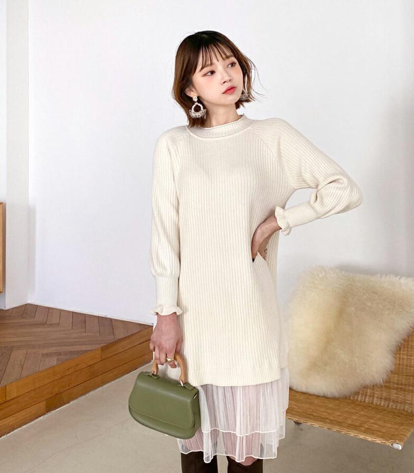 チュールヘムニットワンピース・全3色・e64766 レディース 【ops】【韓国 ファッション ワンピース ロング ロングワンピス 長袖 チュール ニットワンピース ニット プリーツ チュール ミディ丈 リブ ラウンドネック ハイネック 体型カーバー 秋 冬】