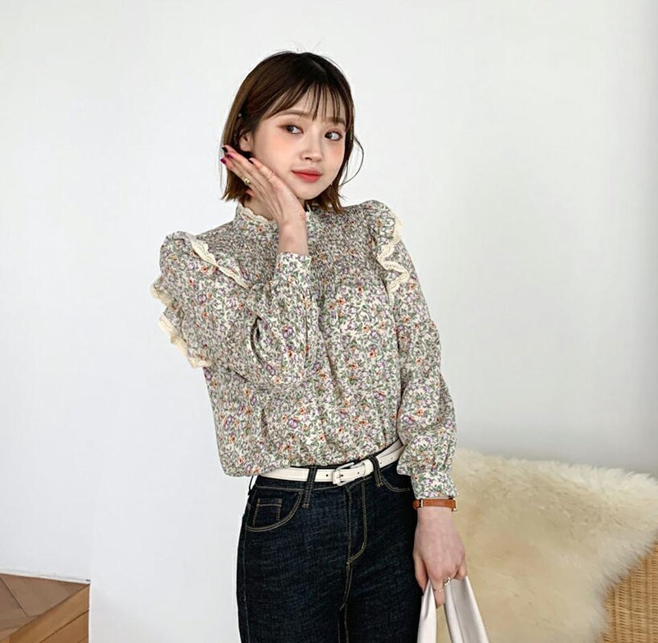 シャーリング花柄ブラウス・全3色・b64776 レディース 【bl】【韓国 ファッション トップス ブラウス 長袖 フラワー ハーフネック ハイネック レースネック フラワー刺繍 花柄 上品 シャーリング フェミニン シフォン パターン カジュアル 秋 冬】