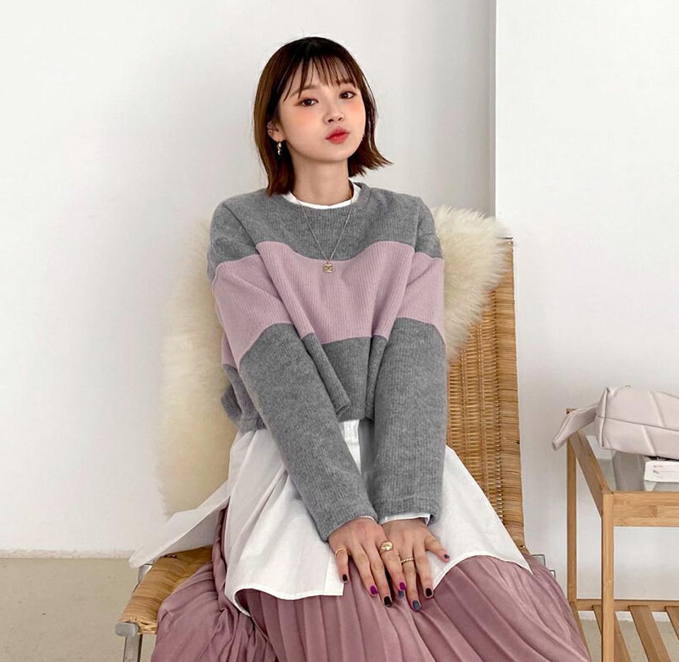起毛クロップド配色Tシャツ・全3色・t64771 レディース 【tops】【韓国 ファッション トップス Tシャツ 長袖 起毛 クロップド 配色 やわらかい ラウンドネック ユニーク デイリー ベーシック カジュアル カジュアル 秋 冬】