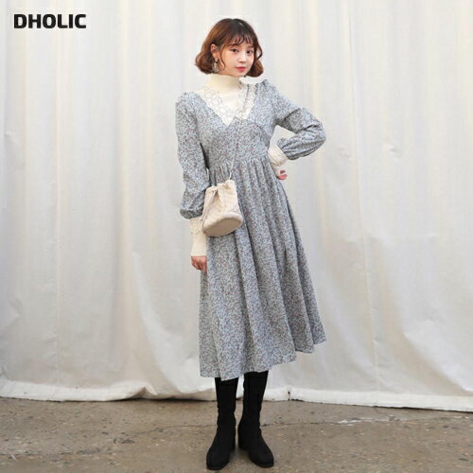 レースネック花柄ワンピース・全3色・b64777 レディース 【ops】【韓国 ファッション ワンピース ロング ロングワンピス 長袖 レースネック 花柄 フェミニン フラワー Vネック ウエストリボン 上品 体型カーバー パターン カジュアル 秋 冬】