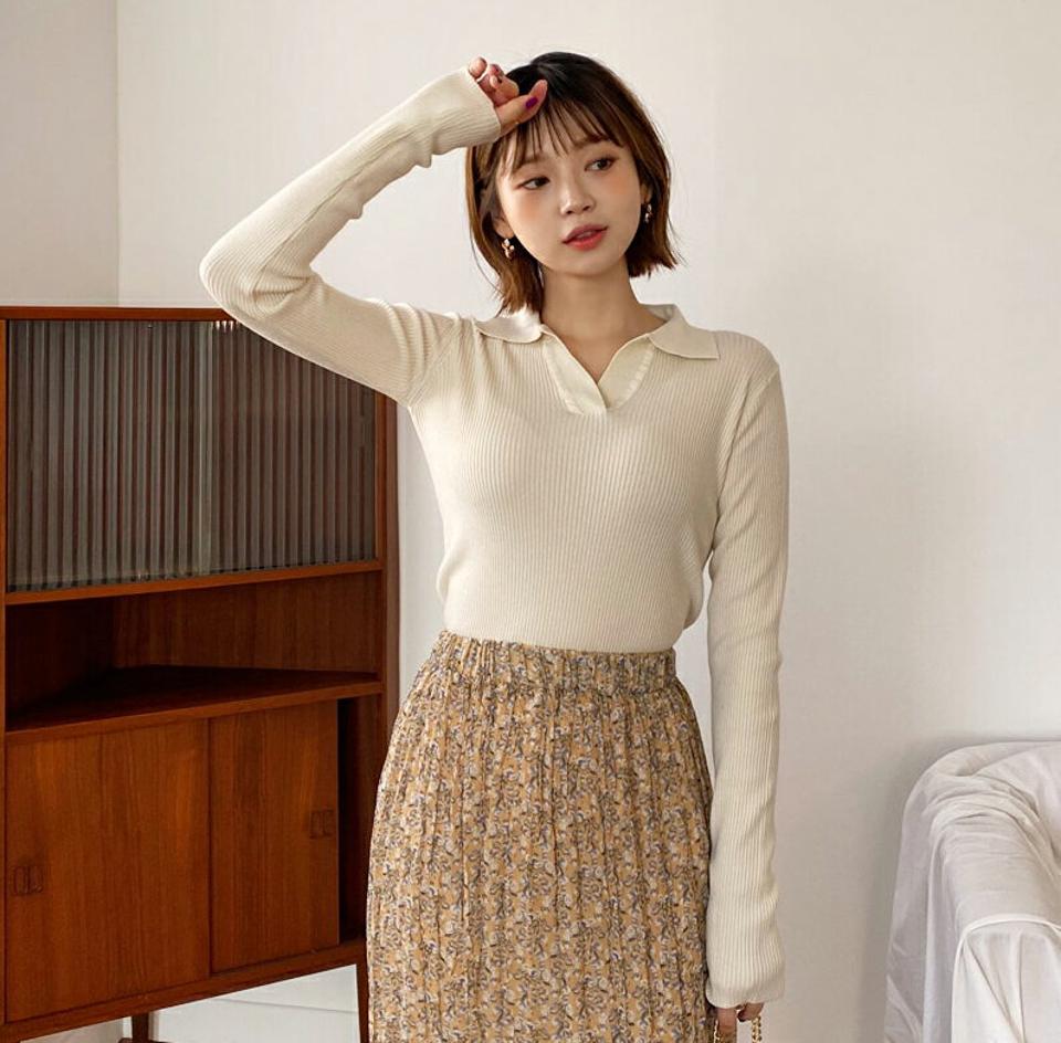 カラーネックスリムニット・全3色・t64768 レディース 【tops】【韓国 ファッション トップス ニット 長袖 ぼわん袖 カラーネック スリム モダン ネックスリット やわらかい スリム フィット 体型カーバー 細身 デイリー ベーシック 無地 カジュアル 秋 冬】