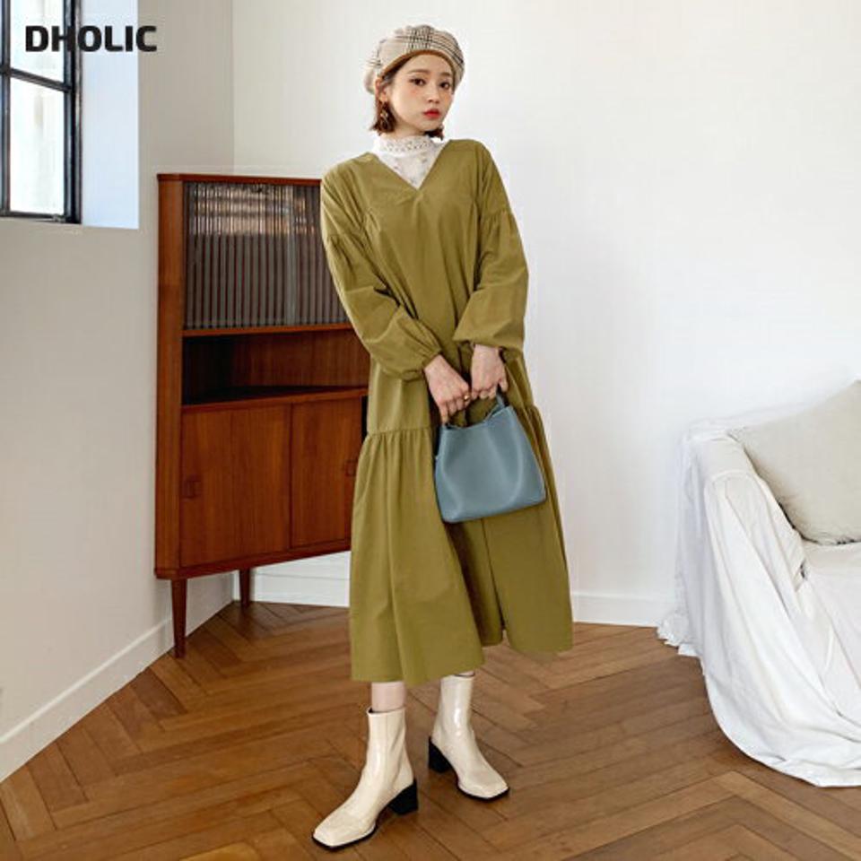 Vネックギャザーワンピース・全3色・b64779 レディース 【ops】【韓国 ファッション ワンピース ロング ロングワンピス 長袖 Vネック ラブリー ボリューム Vネック 体型カバー ルーズフィット ギャザーゴム ゆったり カジュアル 秋 冬】