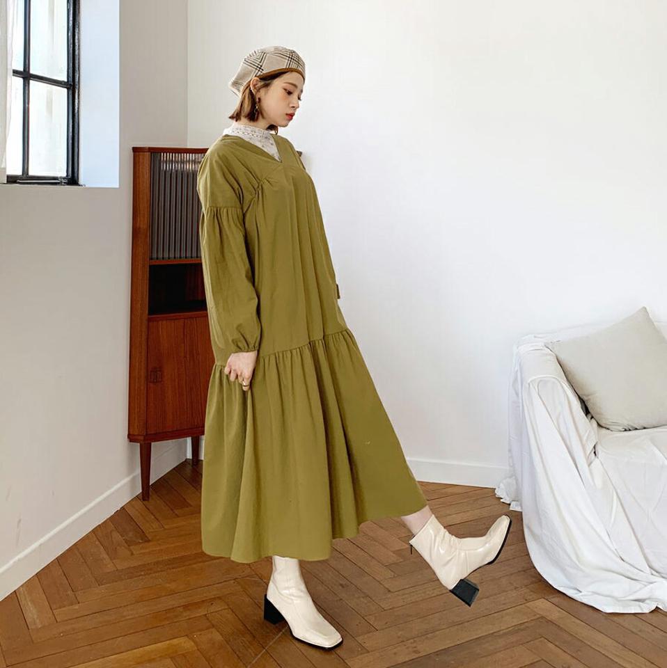 Vネックギャザーワンピース・全3色・b64779 レディース 【ops】【韓国 ファッション ワンピース ロング ロングワンピス 長袖 Vネック ラブリー ボリューム Vネック 体型カバー ルーズフィット ギャザーゴム ゆったり カジュアル 秋 冬】