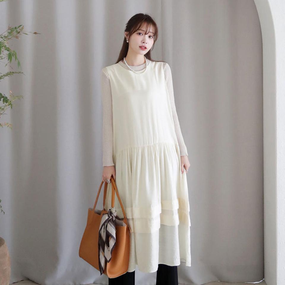 ティアードノースリワンピース・全2色・t66249 レディース 【ops】【ワンピース ロング ロングワンピース スリーブレス ノースリーブ ティアード 単色 無地 ボリューム シンプル かわいい 秋 冬 韓国 ファッション】【ハイホリHIHOLLI】