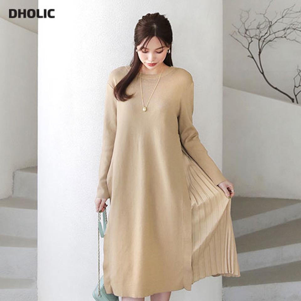 サイドプリーツワンピース・全3色・b66251 レディース 【ops】【ワンピース ミディ丈 ミディワンピース 長袖 プリーツ プリーツワンピース 単色 シンプル 可愛い かわいい フェミニン 秋 冬 韓国 ファッション】【ハイホリHIHOLLI】