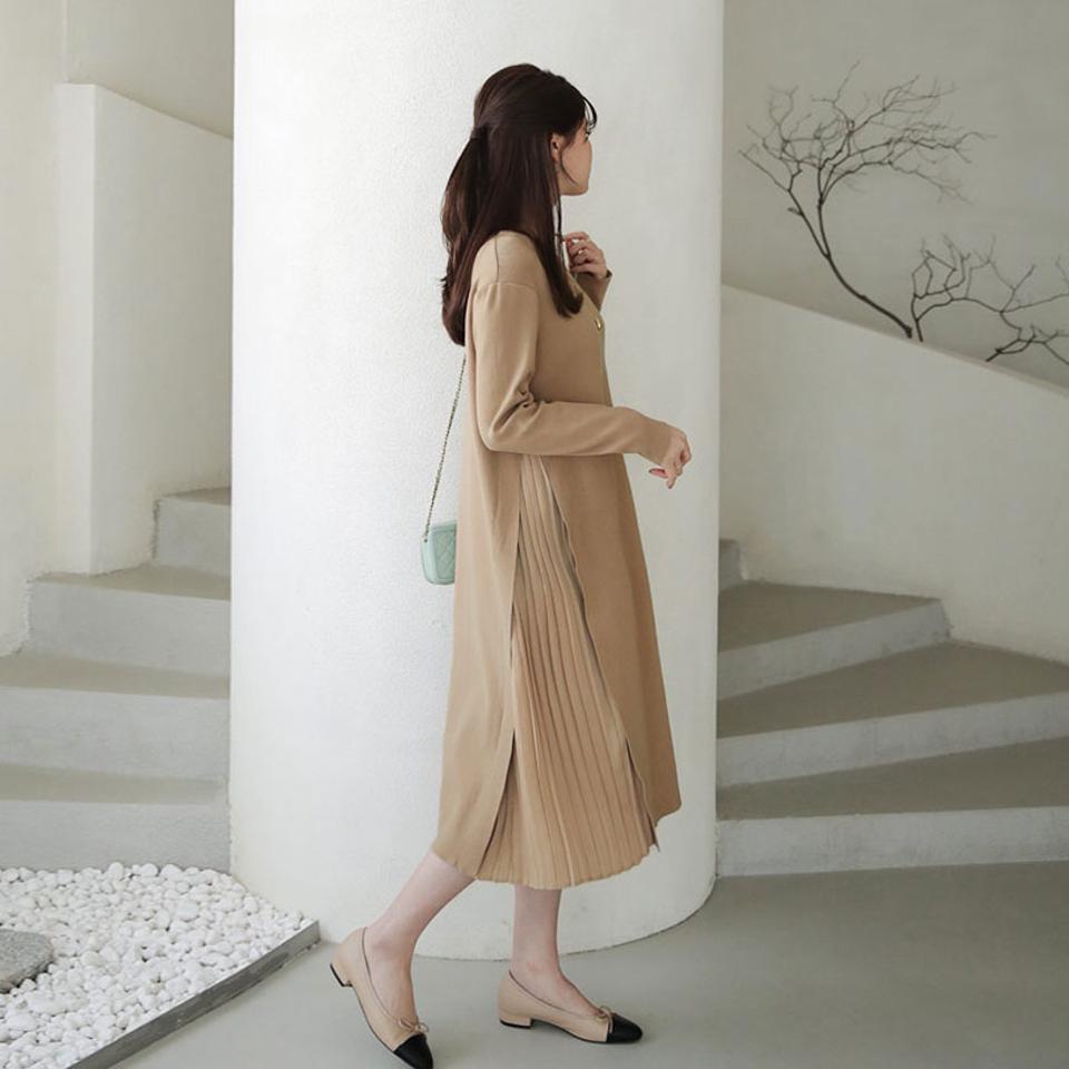 サイドプリーツワンピース・全3色・b66251 レディース 【ops】【ワンピース ミディ丈 ミディワンピース 長袖 プリーツ プリーツワンピース 単色 シンプル 可愛い かわいい フェミニン 秋 冬 韓国 ファッション】【ハイホリHIHOLLI】