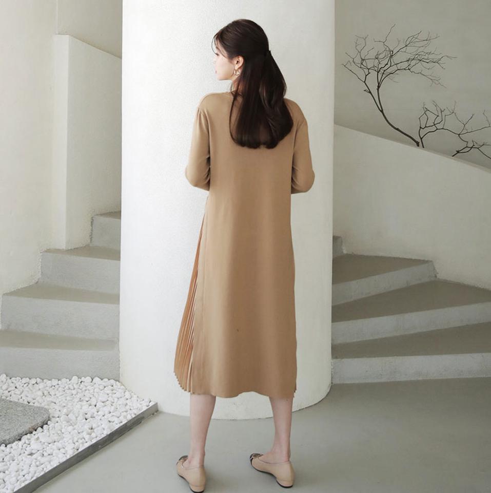 サイドプリーツワンピース・全3色・b66251 レディース 【ops】【ワンピース ミディ丈 ミディワンピース 長袖 プリーツ プリーツワンピース 単色 シンプル 可愛い かわいい フェミニン 秋 冬 韓国 ファッション】【ハイホリHIHOLLI】