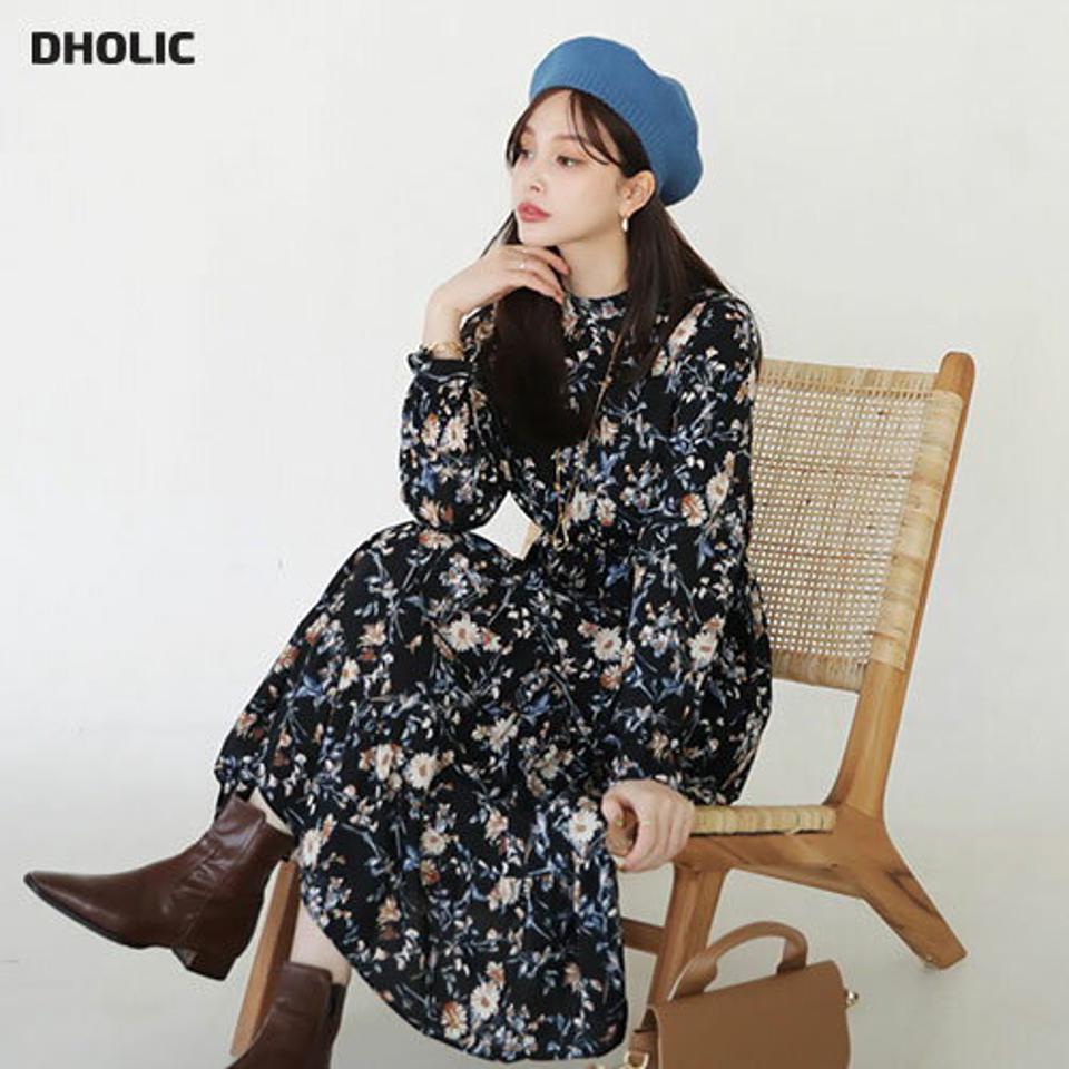 バンドカラー花柄ワンピース・全2色・t66250 レディース 【ops】【ワンピース ロング ロングワンピース 花柄 フラワー バンドカラー 長袖 かわいい 可愛い フェミニン 秋 冬 韓国 ファッション】【ハイホリHIHOLLI】