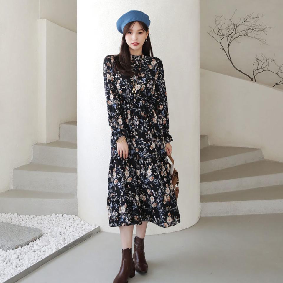 バンドカラー花柄ワンピース・全2色・t66250 レディース 【ops】【ワンピース ロング ロングワンピース 花柄 フラワー バンドカラー 長袖 かわいい 可愛い フェミニン 秋 冬 韓国 ファッション】【ハイホリHIHOLLI】