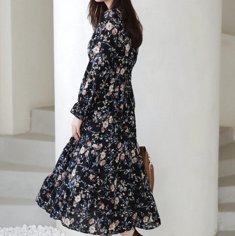 バンドカラー花柄ワンピース・全2色・t66250 レディース 【ops】【ワンピース ロング ロングワンピース 花柄 フラワー バンドカラー 長袖 かわいい 可愛い フェミニン 秋 冬 韓国 ファッション】【ハイホリHIHOLLI】