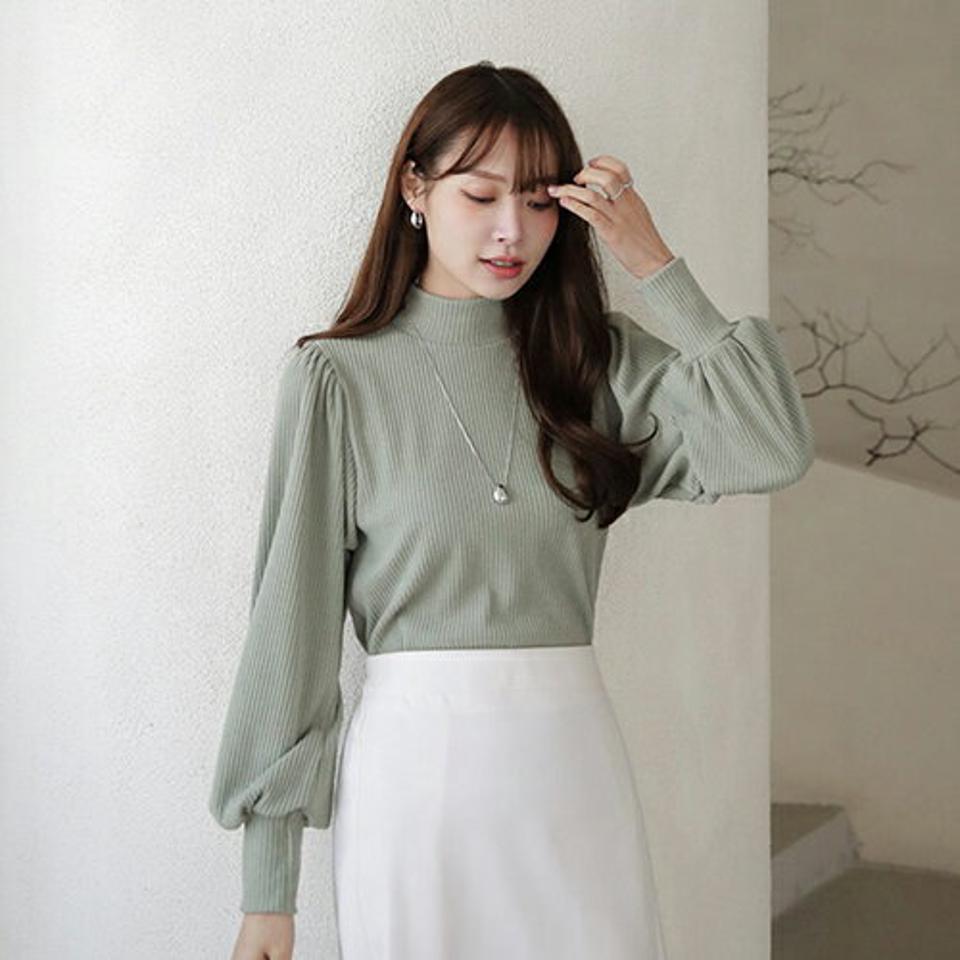 【只今10%OFF】ハーフネックパフTシャツ・全5色・t66237 レディース 【tops】【トップス Tシャツ 長袖 ハーフネック パフ袖 パフスリーブ 単色 ボリューム袖 袖コンシャス シンプル 可愛い かわいい 秋 冬 韓国 ファッション】【ハイホリHIHOLLI】