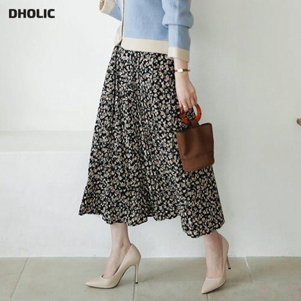 花柄プリーツスカート・全2色・b66257 レディース 【sk】【スカート ロング ロングスカート プリーツ プリーツスカート 花柄 フラワー フェミニン シック 大人 ウエストゴム 秋 冬 韓国 ファッション】【ハイホリHIHOLLI】