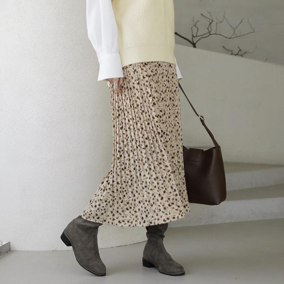 花柄プリーツスカート・全2色・b66257 レディース 【sk】【スカート ロング ロングスカート プリーツ プリーツスカート 花柄 フラワー フェミニン シック 大人 ウエストゴム 秋 冬 韓国 ファッション】【ハイホリHIHOLLI】