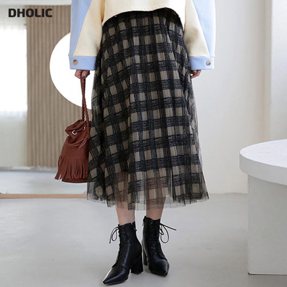 チュールチェックスカート・全2色・b66258 レディース 【sk】【スカート ロング ロングスカート チェック柄 チュール チュールスカート 透け感 シアー シースルー かわいい 可愛い 秋 冬 韓国 ファッション】【ハイホリHIHOLLI】