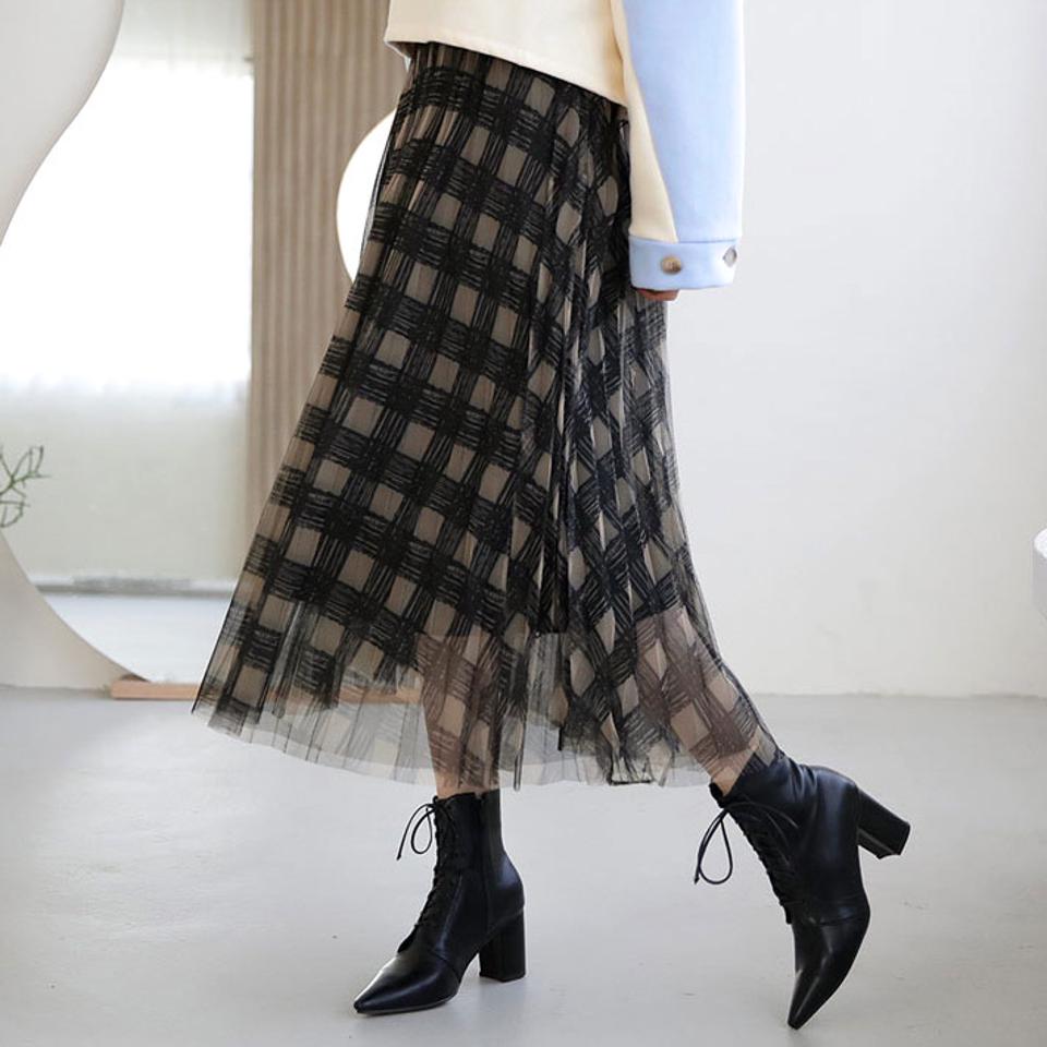 チュールチェックスカート・全2色・b66258 レディース 【sk】【スカート ロング ロングスカート チェック柄 チュール チュールスカート 透け感 シアー シースルー かわいい 可愛い 秋 冬 韓国 ファッション】【ハイホリHIHOLLI】