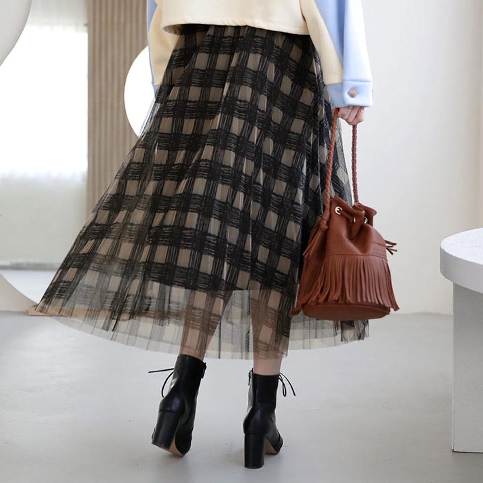 チュールチェックスカート・全2色・b66258 レディース 【sk】【スカート ロング ロングスカート チェック柄 チュール チュールスカート 透け感 シアー シースルー かわいい 可愛い 秋 冬 韓国 ファッション】【ハイホリHIHOLLI】