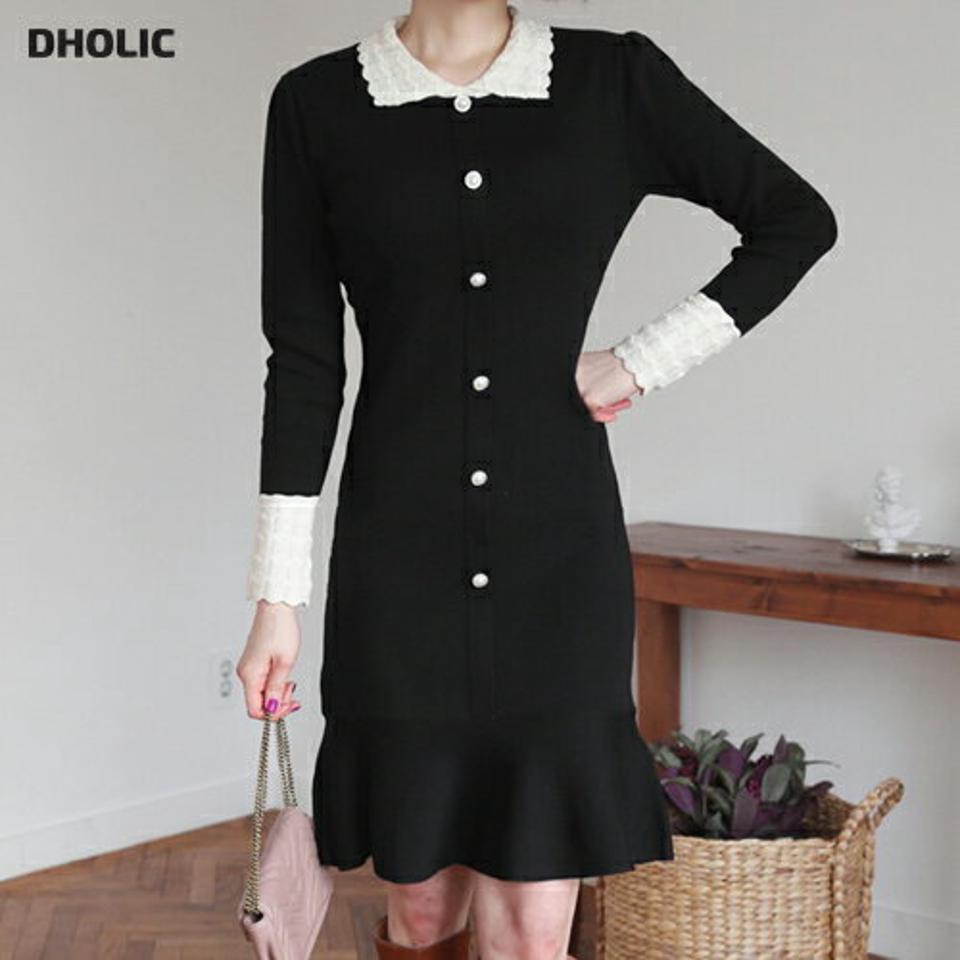 配色カラーニットワンピース・全1色・b62520 レディース 【ops】【韓国 ファッション ワンピース ミディ ミディワンピス 配色 カラー ニットワンピース フェイクパール スカラップ レース袖 カジュアル 秋 冬】