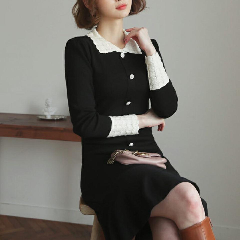 配色カラーニットワンピース・全1色・b62520 レディース 【ops】【韓国 ファッション ワンピース ミディ ミディワンピス 配色 カラー ニットワンピース フェイクパール スカラップ レース袖 カジュアル 秋 冬】