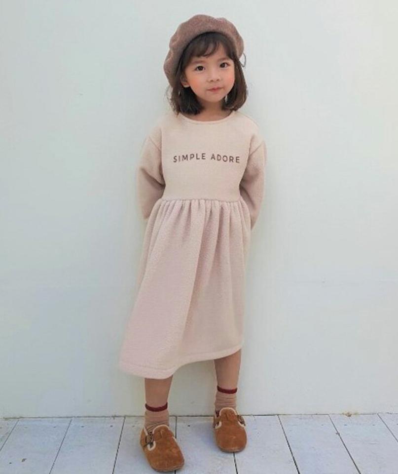 シンプルロゴソフトワンピース(kids)・u09725 キッズ【3~8才】【ops】【ワンピース ミディ丈 ミディワンピース 長袖 ロゴ ソフト シンプル カジュアル ラフ 女の子 秋 冬 韓国 韓国子供服 子供 こども 子供服 こども服】【KIDS】