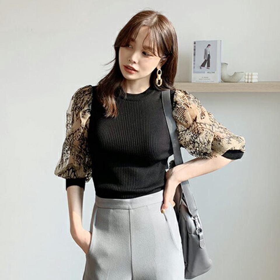 スリーブレースニット・全3色・b66054 レディース 【tops】【トップス ニット ニットトップス スリーブレース レース 袖コンシャス 透け感 シアー シースルー フェミニン 可愛い かわいい 秋 冬 韓国 ファッション】【ハイホリHIHOLLI】