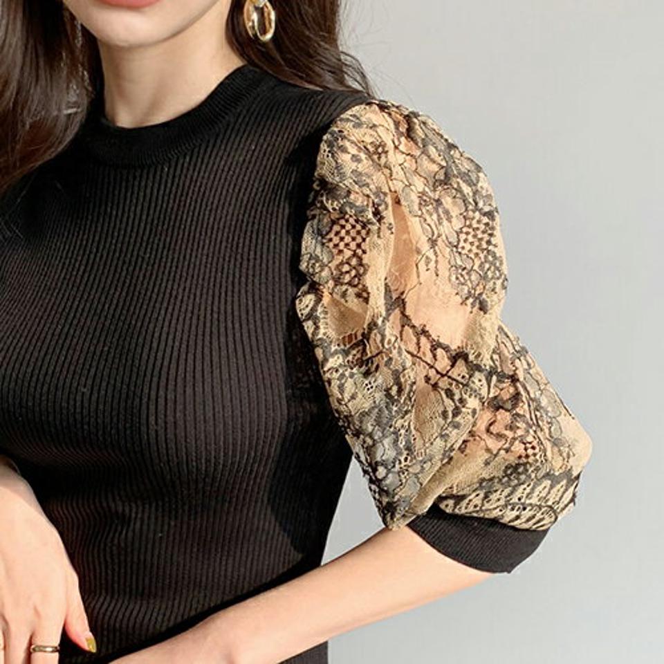 スリーブレースニット・全3色・b66054 レディース 【tops】【トップス ニット ニットトップス スリーブレース レース 袖コンシャス 透け感 シアー シースルー フェミニン 可愛い かわいい 秋 冬 韓国 ファッション】【ハイホリHIHOLLI】