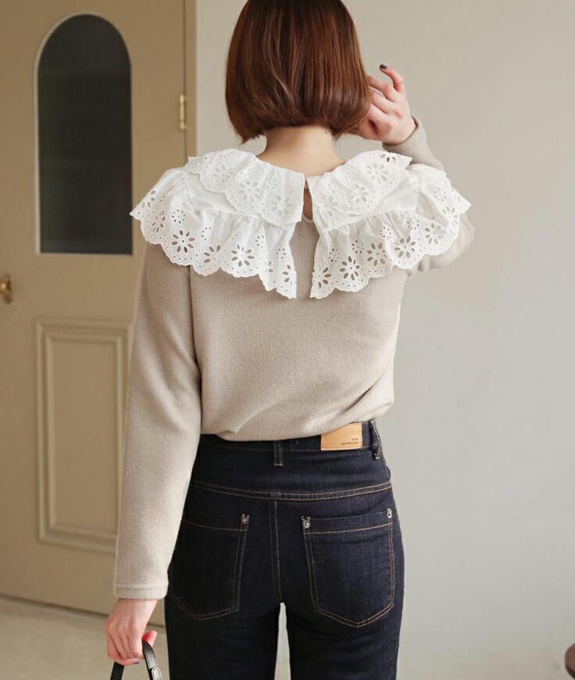 起毛アイレットレース配色Tシャツ・全3色・b62526 レディース 【tops】【韓国 ファッション トップス Tシャツ 長袖 ラウンドネック 起毛 配色 ボタン フリル スカラップ アイレットレース コントラスト デイリー ベーシック カジュアル 秋 冬】