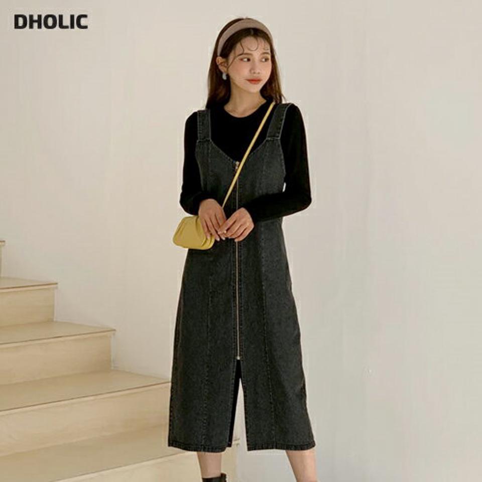 デニムスリーブレスワンピース・全2色・t61402 レディース 【ops】【韓国 ファッション ワンピース ロング ジャック ジップアップ Hライン ジーンズ 無地 シンプル 大人 カジュアル 秋 冬】