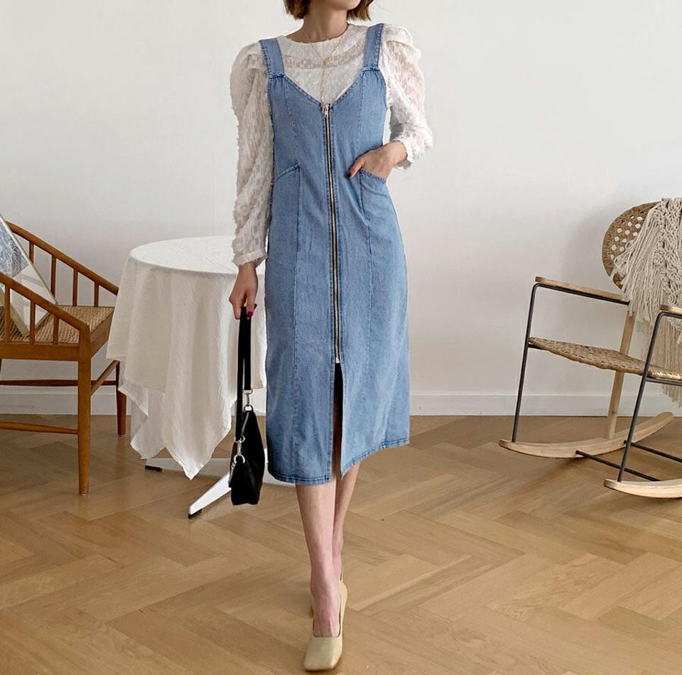 デニムスリーブレスワンピース・全2色・t61402 レディース 【ops】【韓国 ファッション ワンピース ロング ジャック ジップアップ Hライン ジーンズ 無地 シンプル 大人 カジュアル 秋 冬】