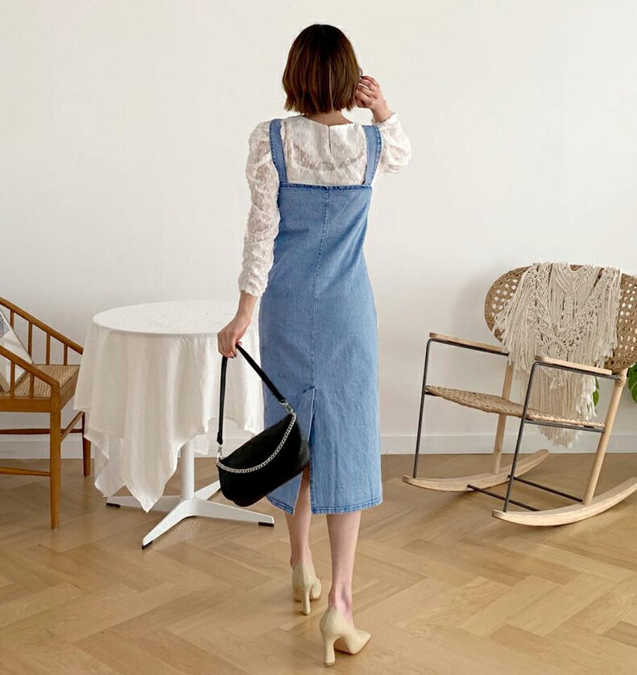 デニムスリーブレスワンピース・全2色・t61402 レディース 【ops】【韓国 ファッション ワンピース ロング ジャック ジップアップ Hライン ジーンズ 無地 シンプル 大人 カジュアル 秋 冬】