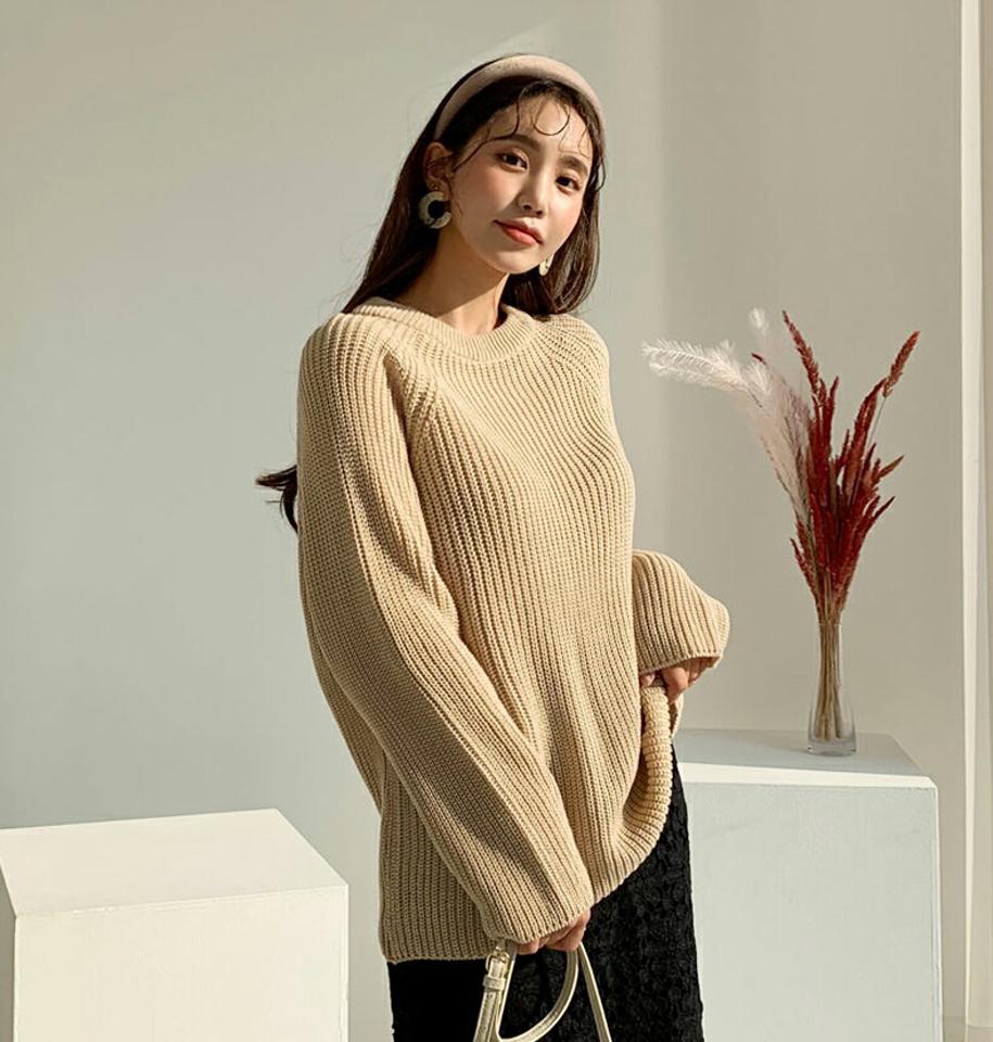 ラグランラウンドニット・全7色・t61394 レディース 【tops】【韓国 ファッション トップス ニット 長袖 ぼわん袖 ラグラン ラウンドニット ナチュラル スリーブ ルーズ ゆったり デイリー ベーシック 無地 カジュアル 秋 冬】