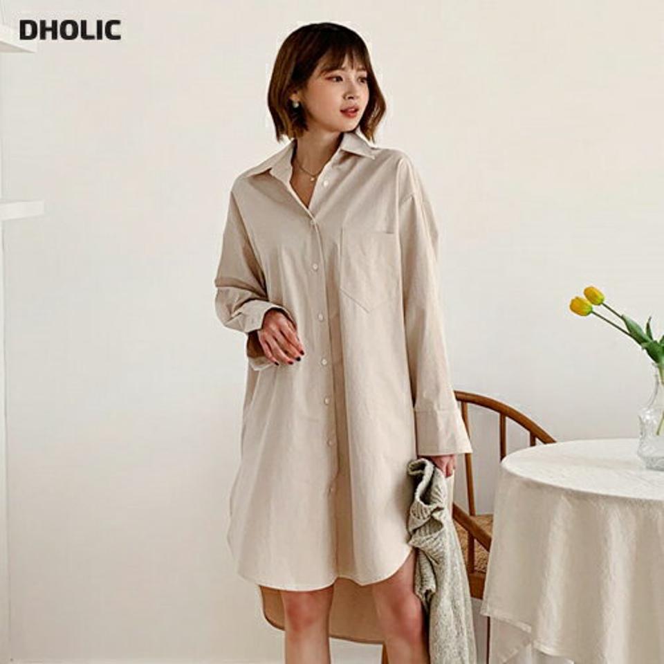 アンバランスシャツワンピース・全2色・t61403 レディース 【ops】【韓国 ファッション ワンピース ショート ミニ ミニワンピース チュニック 襟 カラー ボタン 前開 長袖 無地 シンプル 大人 カジュアル 秋 冬】