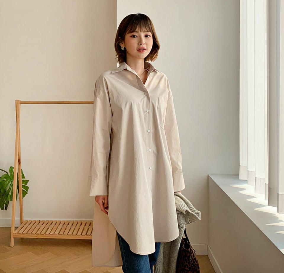 アンバランスシャツワンピース・全2色・t61403 レディース 【ops】【韓国 ファッション ワンピース ショート ミニ ミニワンピース チュニック 襟 カラー ボタン 前開 長袖 無地 シンプル 大人 カジュアル 秋 冬】