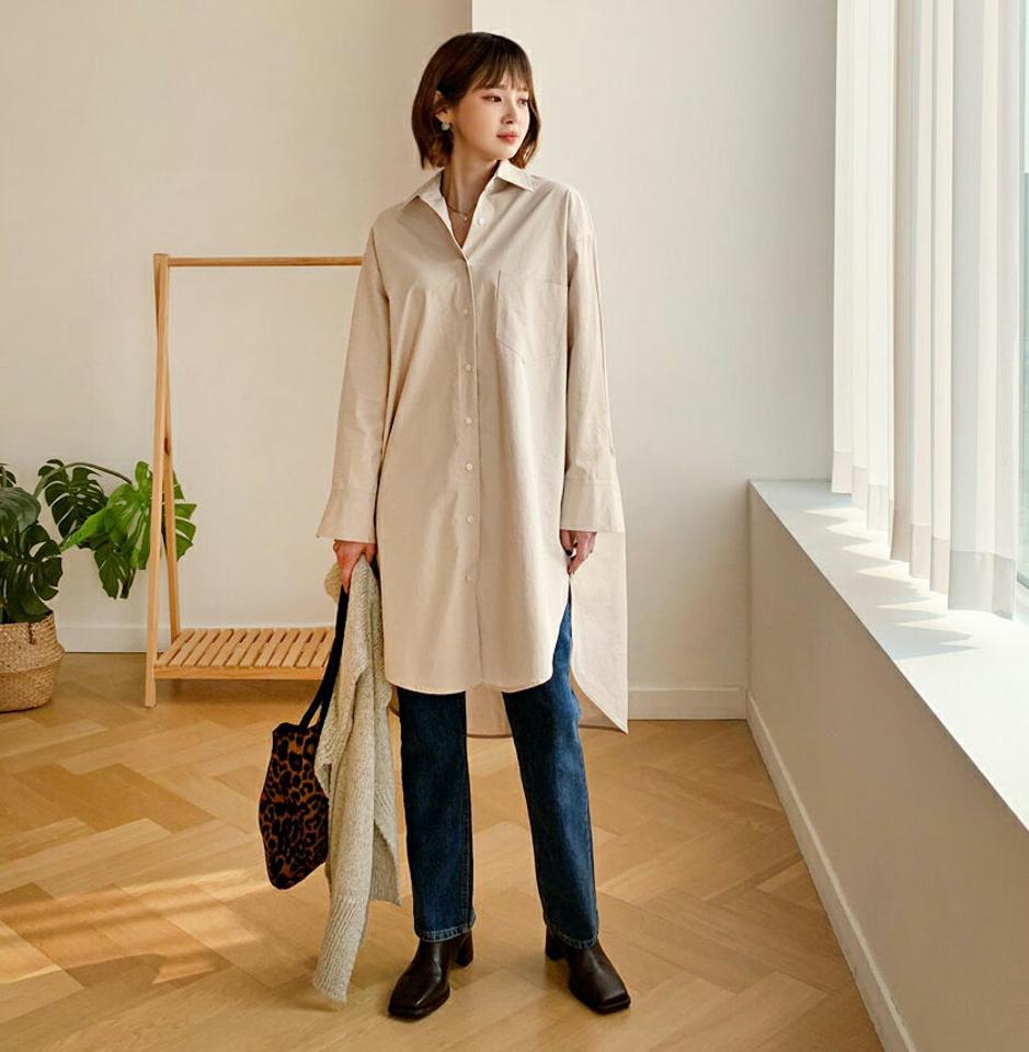 アンバランスシャツワンピース・全2色・t61403 レディース 【ops】【韓国 ファッション ワンピース ショート ミニ ミニワンピース チュニック 襟 カラー ボタン 前開 長袖 無地 シンプル 大人 カジュアル 秋 冬】