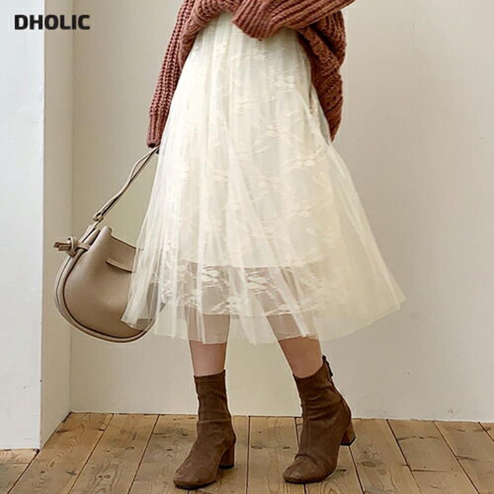 レースプリーツスカート・全3色・b56589 レディース 【sk】【韓国 ファッション ボトムス スカート ロング ロングカート チュール レース プリーツ ウエストゴム プリーツ スカート 体型カバー スリム 上品 デイリー Aライン カジュアル 秋 冬】